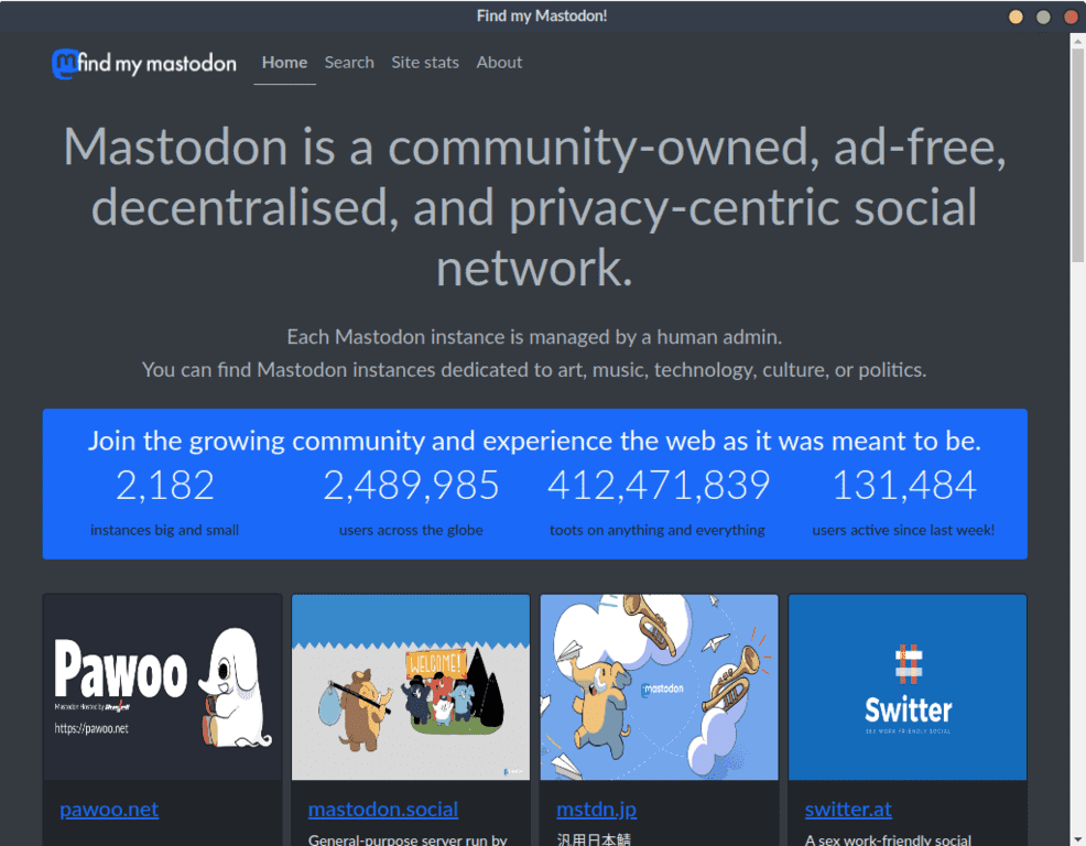 findmymastodon.com on Ubuntu 20.04 as a native Linux app.