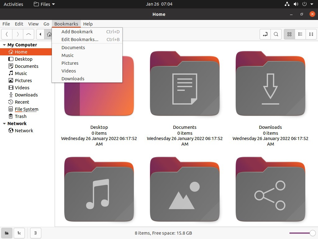 Image showing Nemo file manager on Ubuntu 20.04 LTS with Bookmarks menu open.