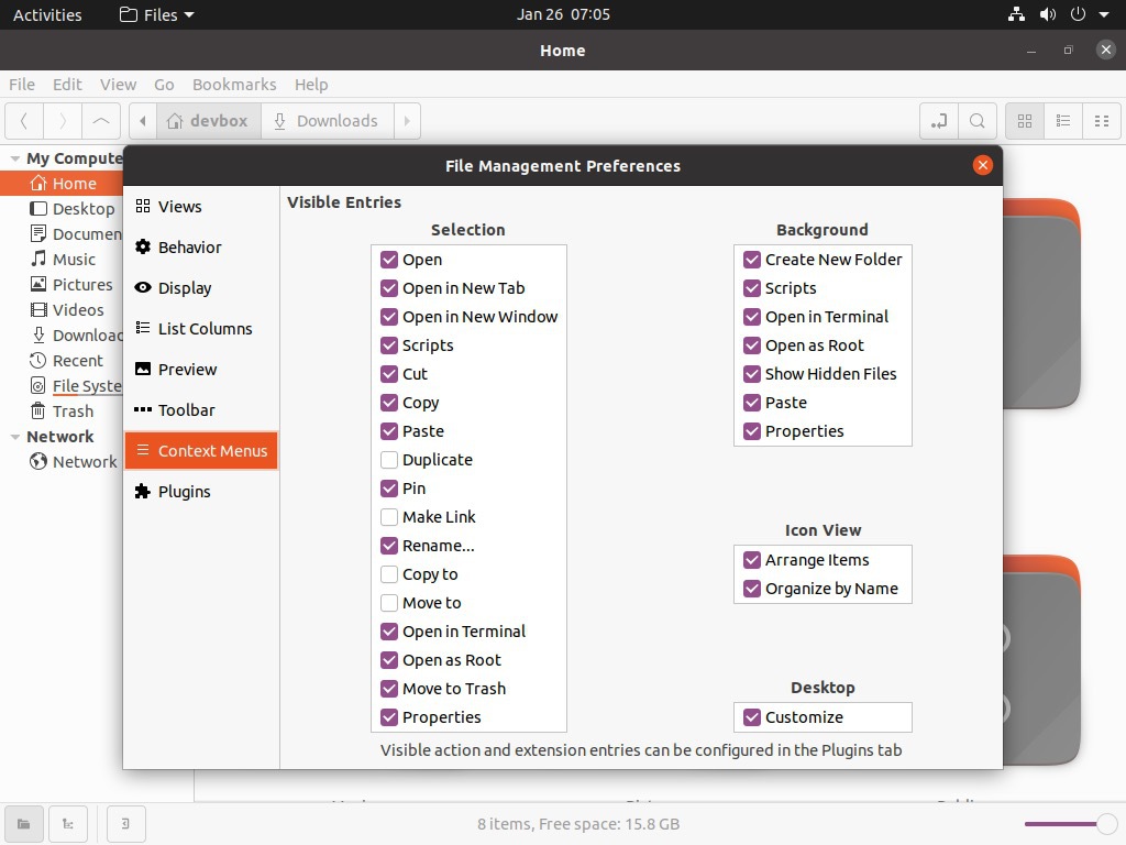 Image showing Nemo file manager on Ubuntu 20.04 LTS with Context Menu preferences open.