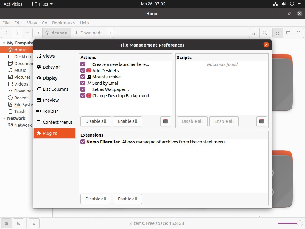 Image showing Nemo file manager on Ubuntu 20.04 LTS with Plugins preferences open.