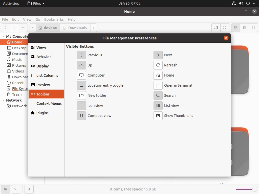 Image showing Nemo file manager on Ubuntu 20.04 LTS with Toolbar preferences open.
