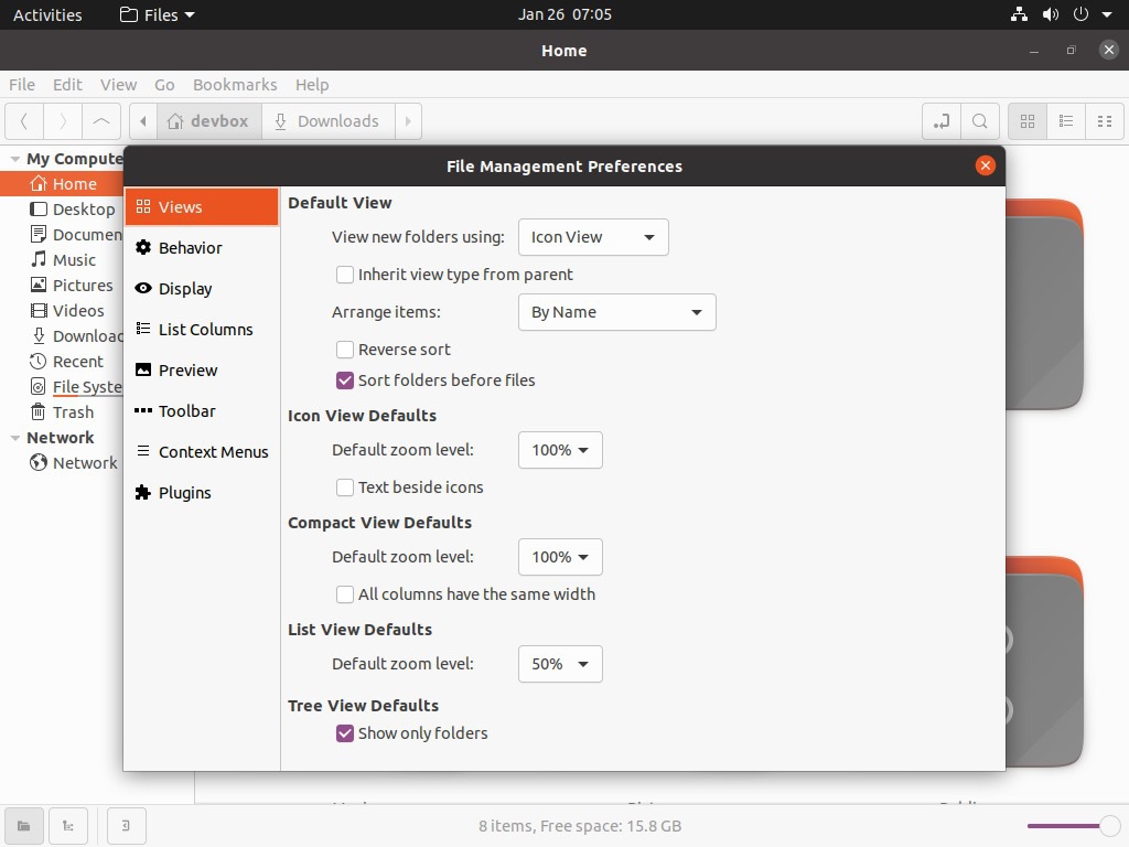 Image showing Nemo file manager on Ubuntu 20.04 LTS with View preferences open.