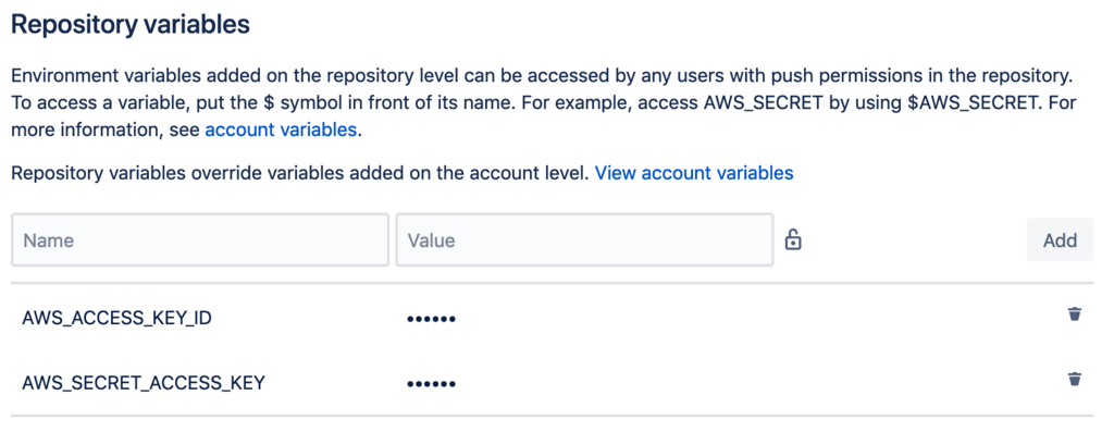 Bitbucket Pipelines repository variables masked and encrypted.