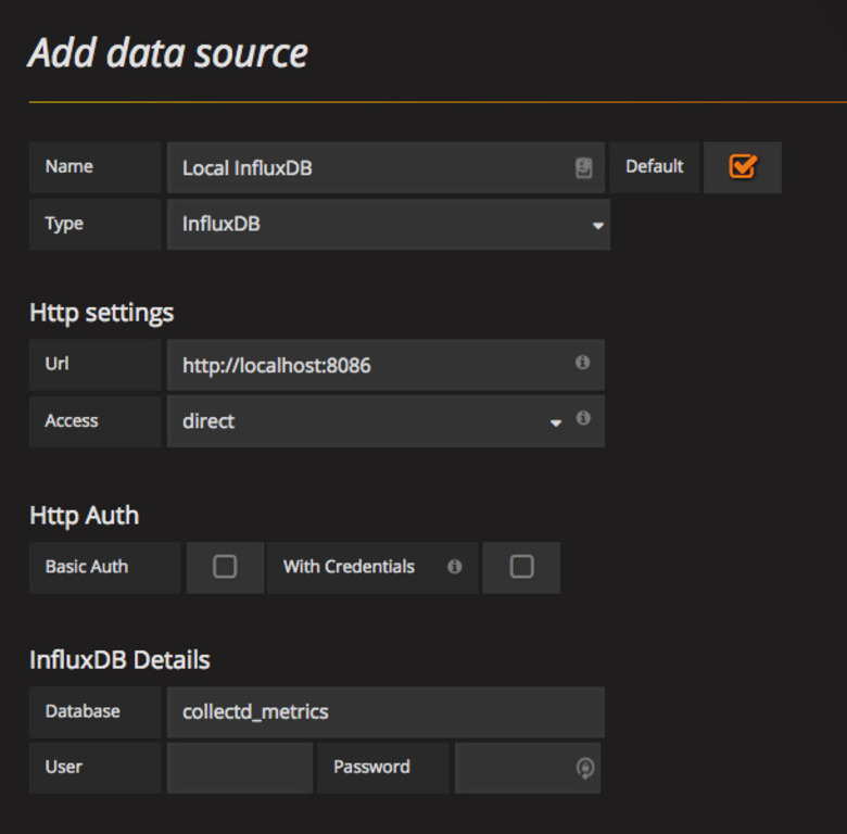 Adding our local InfluxDB as data sources in Grafana for graphing and charting.